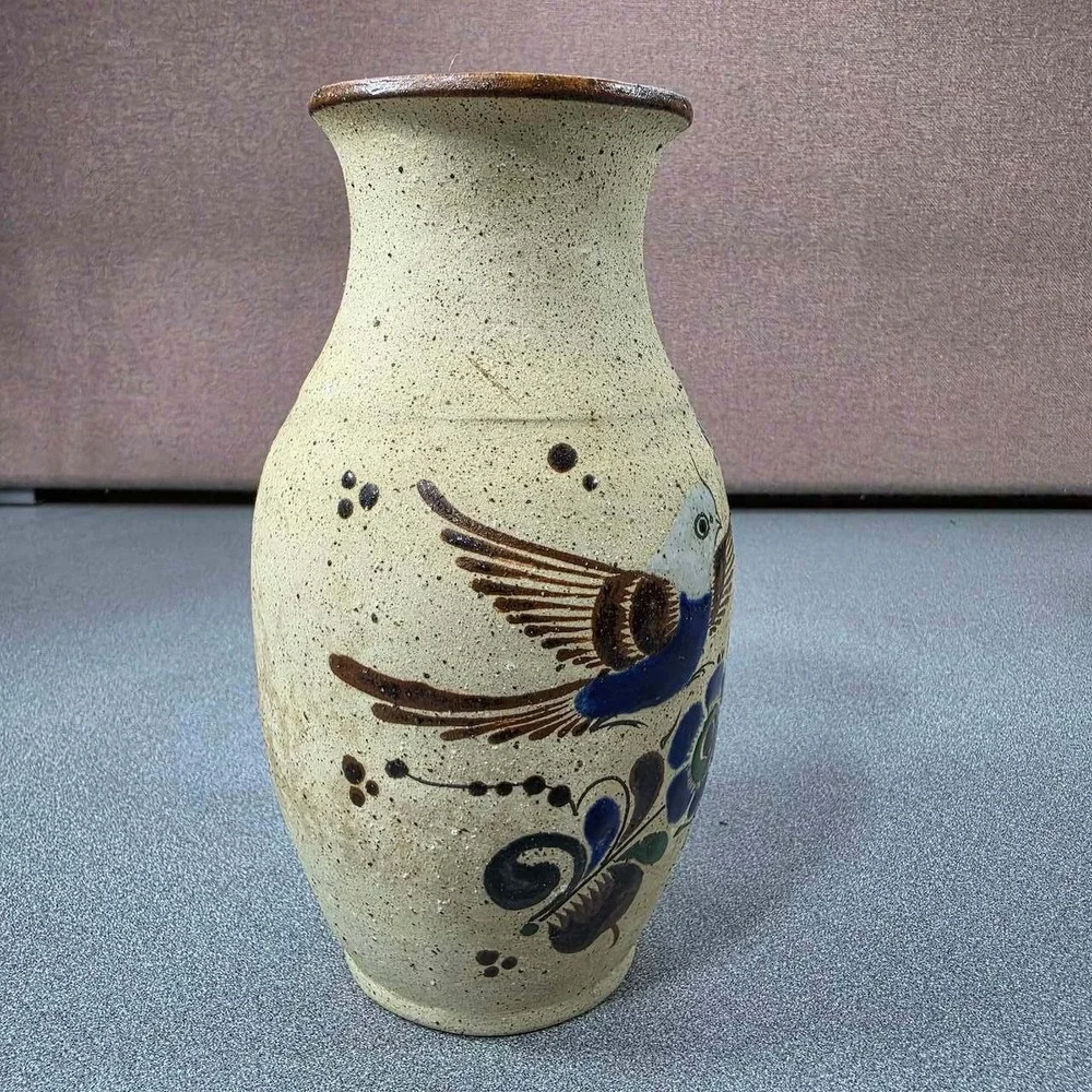 Ken Edwards Pottery Vase Tan Good Bird Floral Tonala Mexico